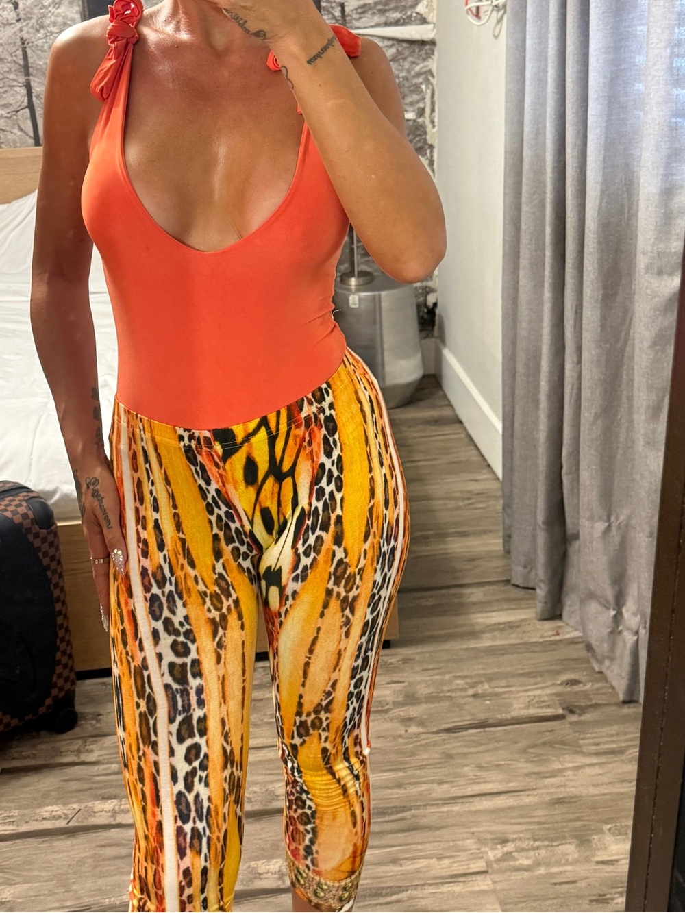 Nasty Gal Orange Slinky Double Layer Bunny Tie Bodysuit